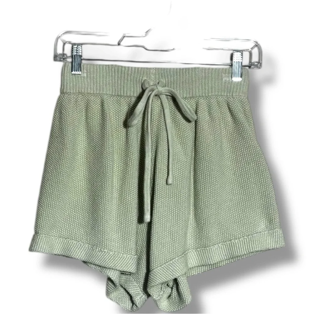 Lily High Waist Mint Green/Cream Elastic Waist With Drawstring Knit Micro Shorts